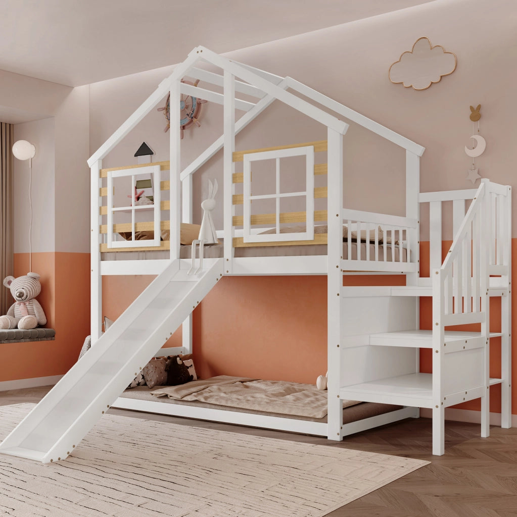 Letto a castello per bambini con scivolo, scala e finestre 90x200 cm