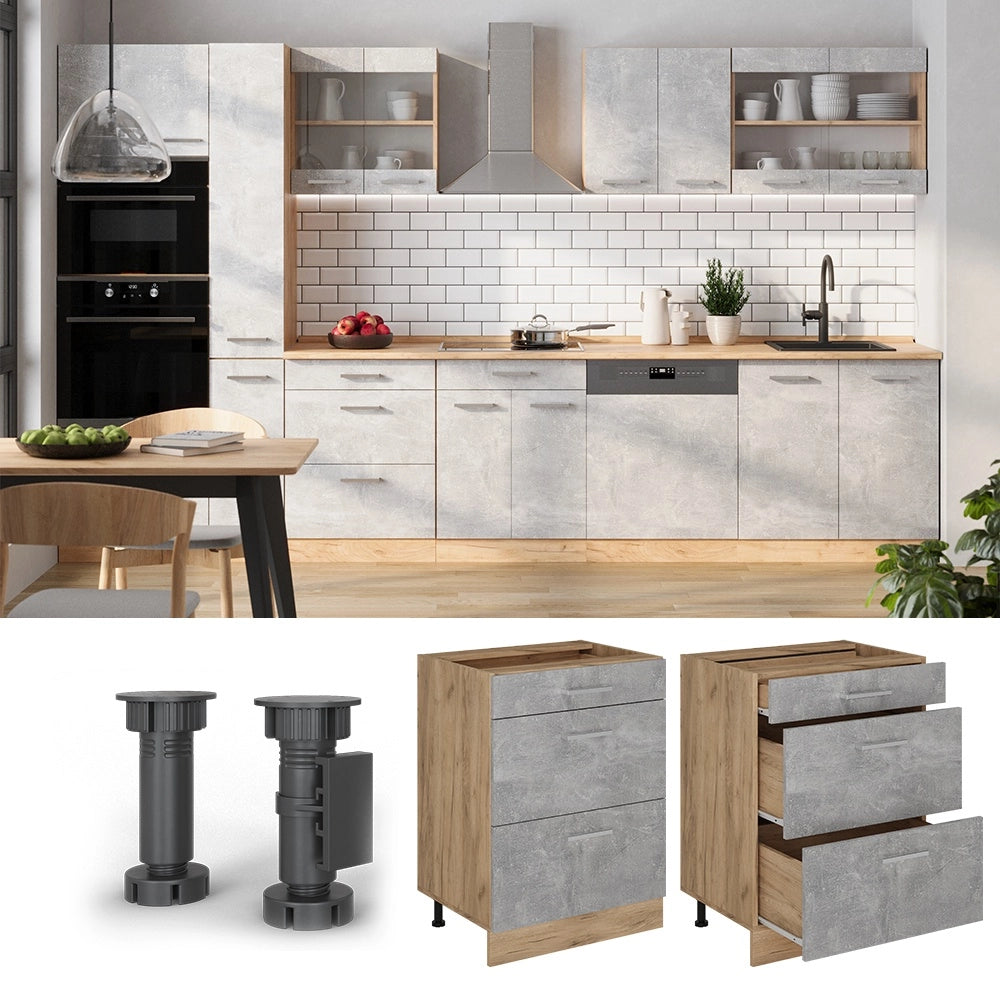 Mobiletto base per cucina R-Line Calcestruzzo/Rovere dorato 60 cm con cassetti, PL Antracite Vicco