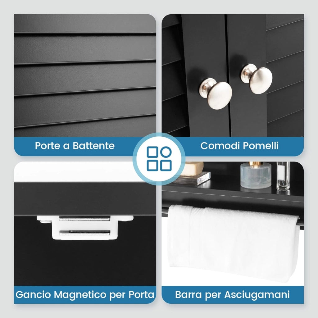 Armadietto da Bagno Sospeso 60x22x75cm, Mobile da Parete con 2 Ante, con Ripiano Regolabile in 3 Posizioni e Barra Porta Asciugamani (Nero)