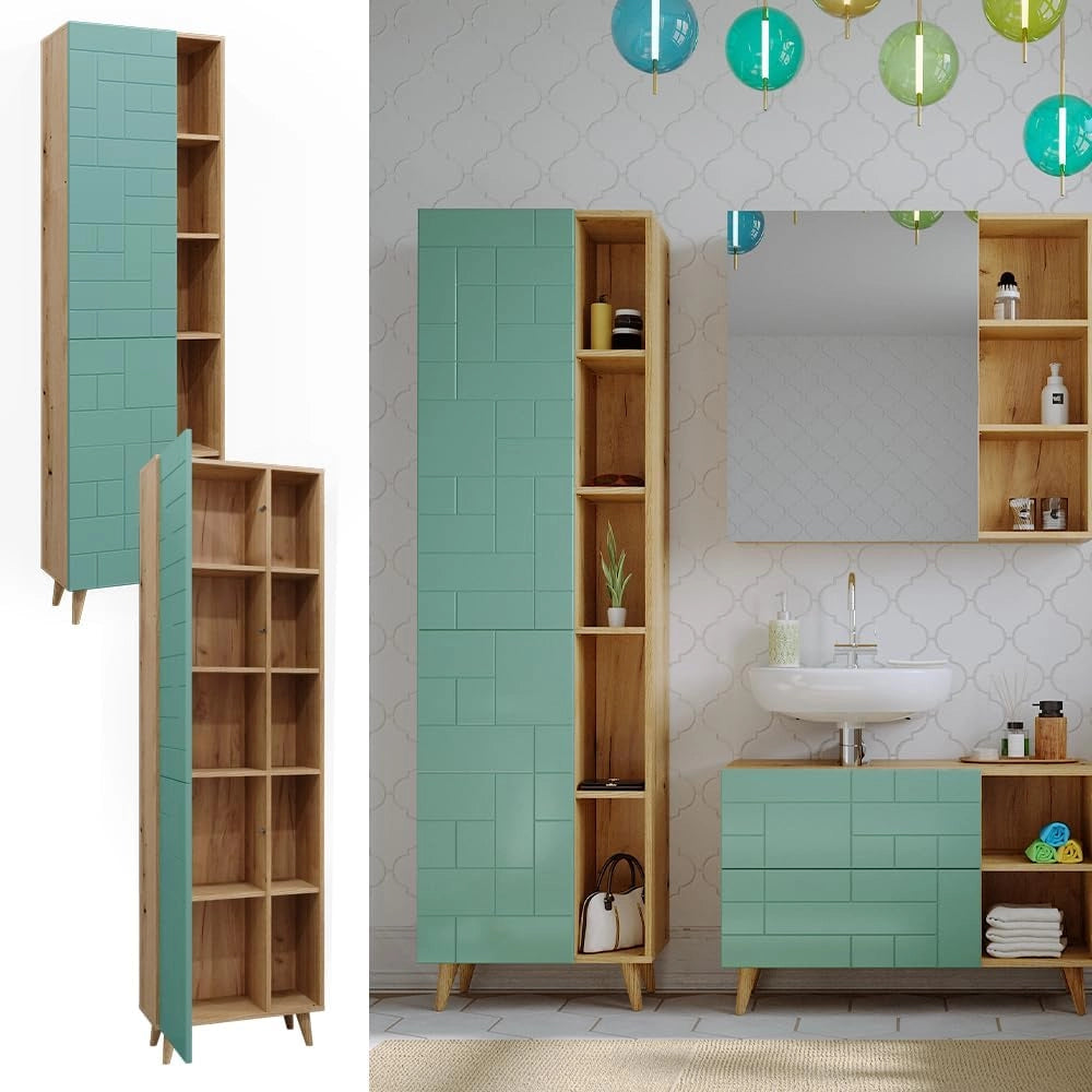 Armadio per il bagno Rudi, Verde menta, 56 x 193 cm con ante e vani a giorno, con meccanismo push-to-open e struttura combinabile
