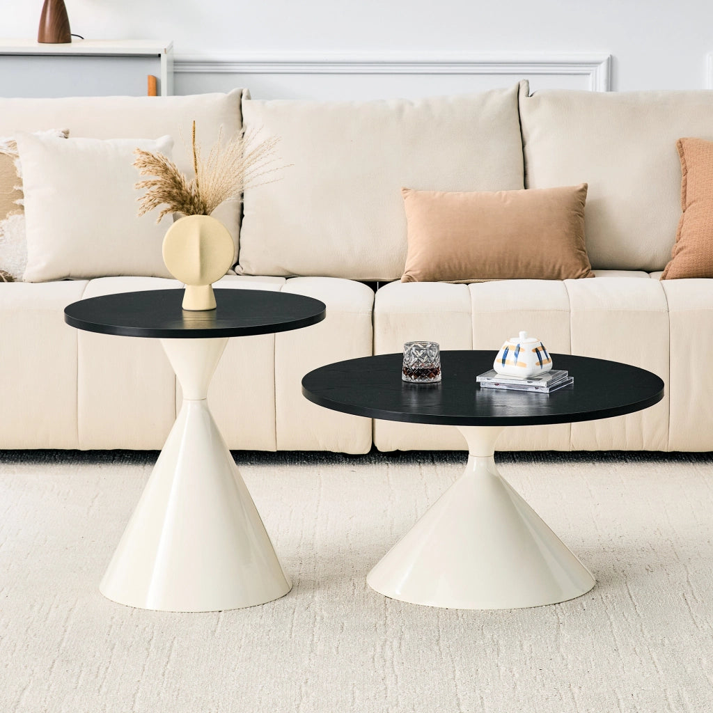 Tavolino basso set di 2 con piano in melaminico effetto legno nero e base in acciaio, per soggiorno, nero