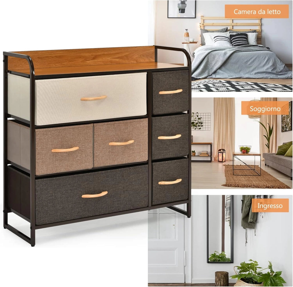 Cassettiera con 7 Cassetti, Organizer Moderno con Cassetti Pieghevoli in Tessuto, Struttura in Acciaio, Ideale per Camera da Letto, Soggiorno, Corridoio, 80 x 29 x 79 cm