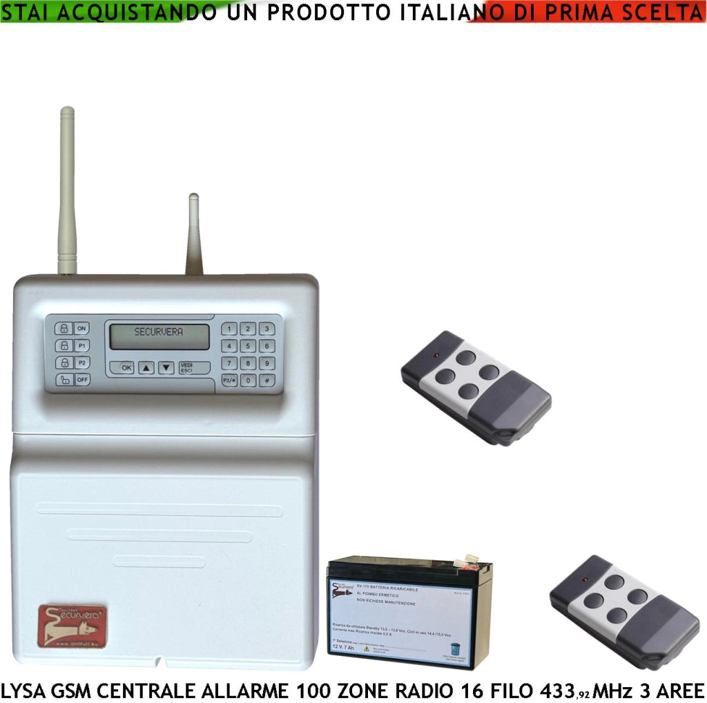 Centrale Allarme Radio Filo Lysa GSM Sydra 2 Radiocomandi 100 Zone Radio 433,92 MHz Batteria 12 V 7 Ah 16 Zone Filo 3 Aree Memoria Eventi App Android Codici Utente e Tecnico GSM Ascolto Ambientale