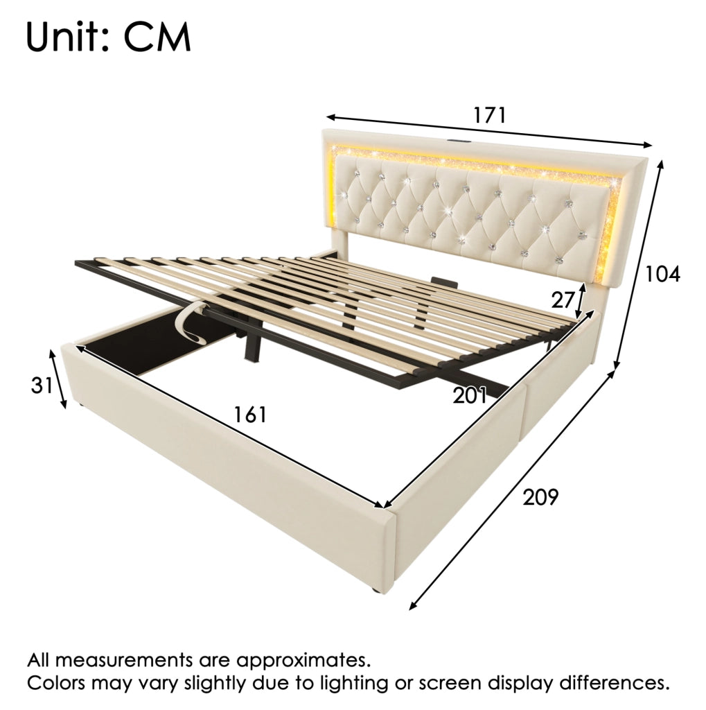 Letto matrimoniale imbottito 160x200 cm in velluto beige con LED; USB; contenitore e materasso