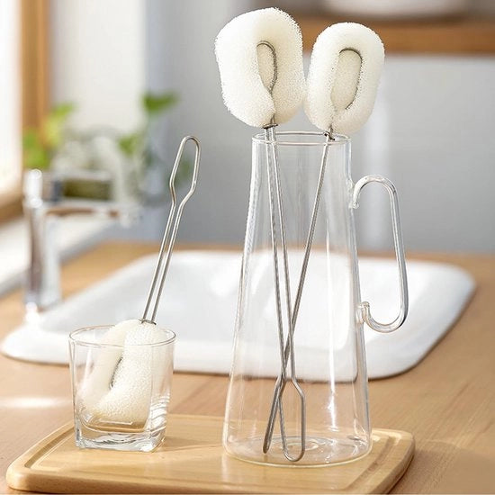 Set di spazzole per vetro a 2 pezzi con clip di acciaio lungo, spazzola per bicchieri con guaina di spugna abrasiva, spazzola a mano per piatti con foglie, adatta per bicchieri da cocktail, set di bicchieri highball + 3 testine di ricambio