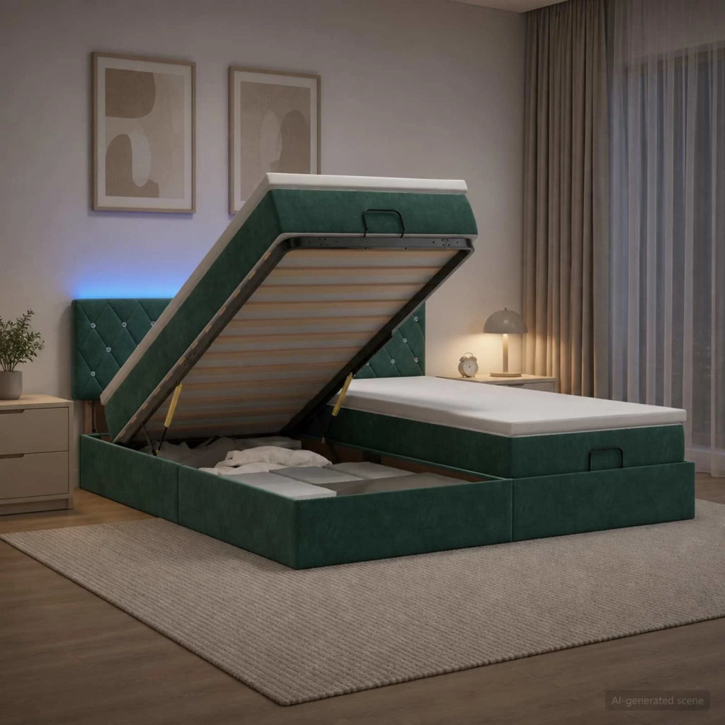 Letto Ottomano con Materasso e LED Verde Scuro 180 x 200 cm 3457317