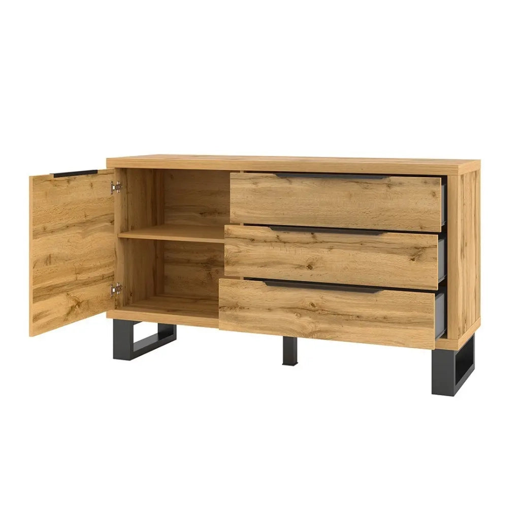 Buffet design 140cm. Collezione MILO una porta e tre cassetti. Colore rovere.