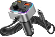 Adattatore auto FM con Bluetooth 5.4, 66 W PD QC 3.0 caricatore, cavo USB-C a spirale, radio FM a onde radio, microfoni e bassi Hi-Fi su schermo illuminato a luce di controllo