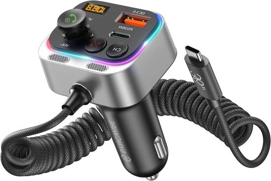 Adattatore auto FM con Bluetooth 5.4, 66 W PD QC 3.0 caricatore, cavo USB-C a spirale, radio FM a onde radio, microfoni e bassi Hi-Fi su schermo illuminato a luce di controllo