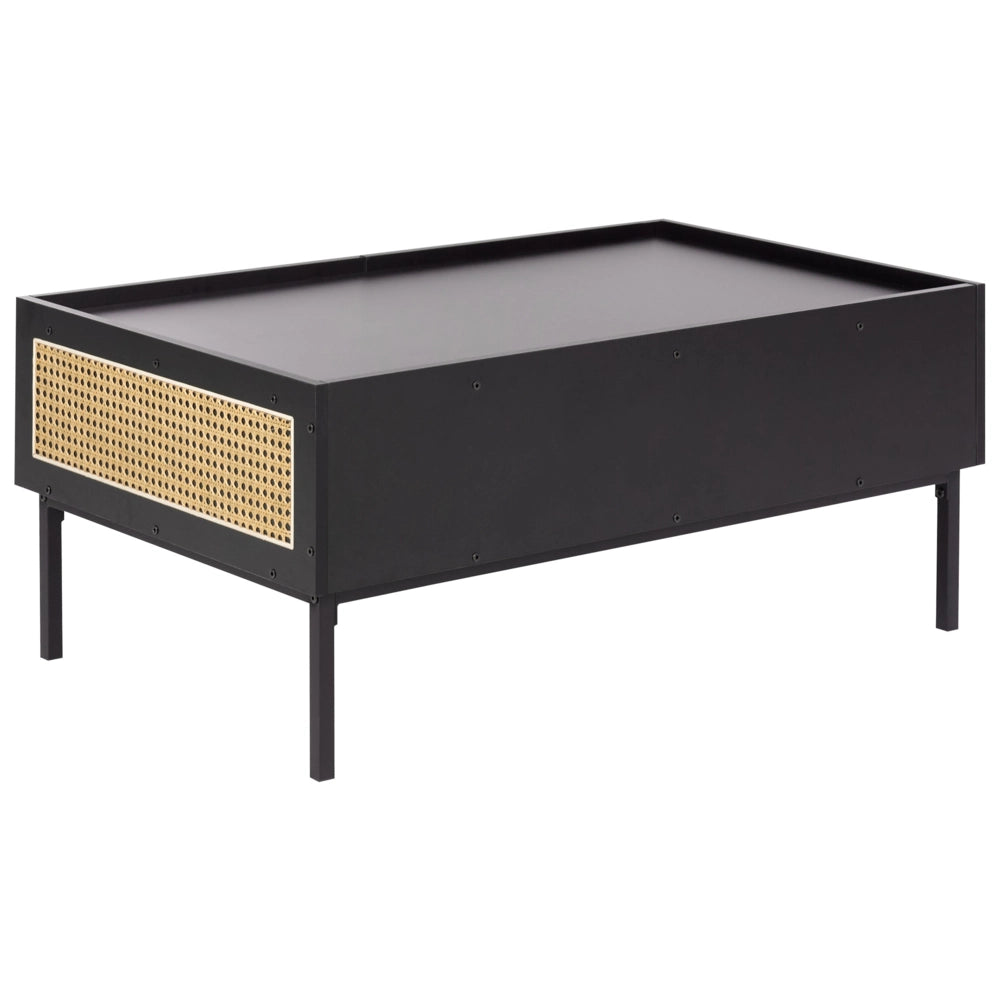 Tavolino da caffè nero con treccia viennese Struttura in ferro MDF Cassetti in rattan 97 x 57 x 42 cm Boho
