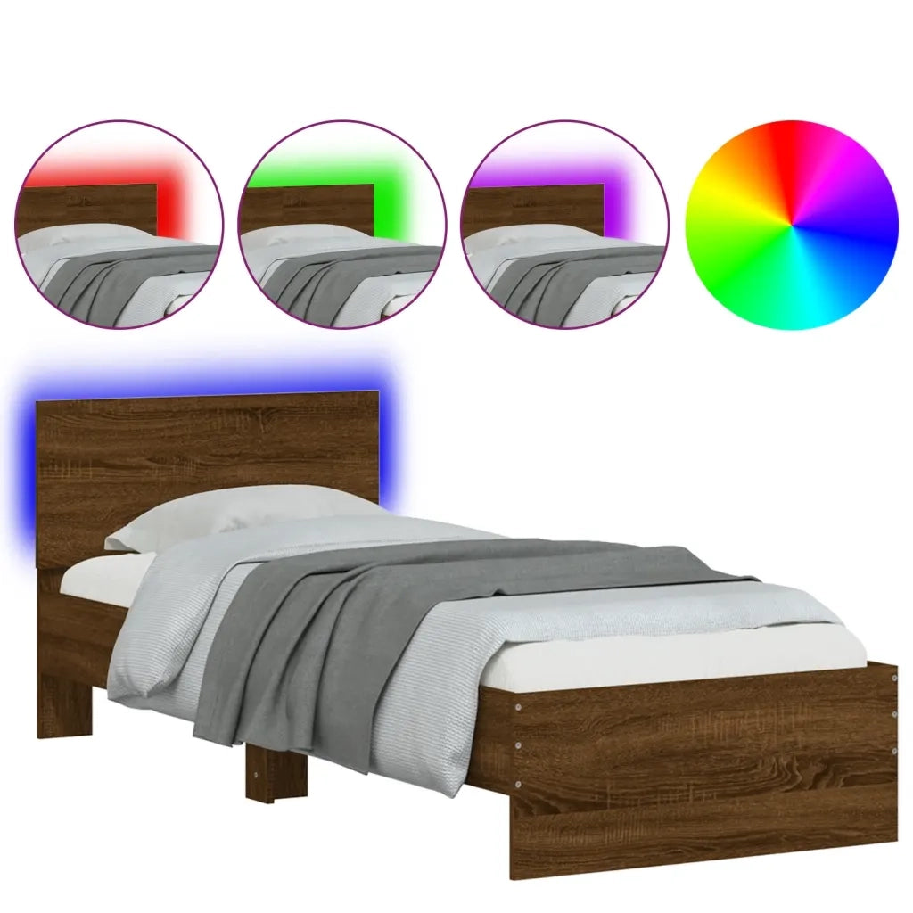 Letto singolo | Letto per adulti | Giroletto con Testiera e LED Rovere Marrone 75x190 cm