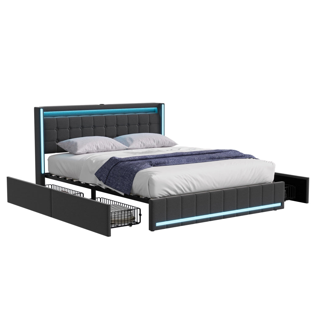 Letto 140x200 cm con cassetti; LED e USB; grigio scuro
