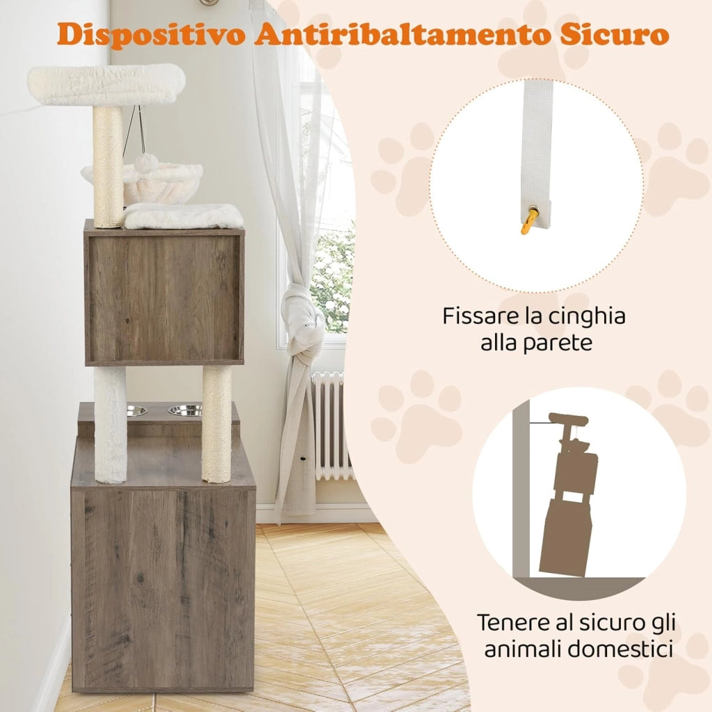 Mobiletto per Lettiera per Gatti, Tiragraffi per Gatti con Posto Graffio in Sisal e Tappetino, Pallina Pendenti, Toilette Nascosta e 2 Ciotole per Cibo, Mobili Moderni per Gattini (Grigio)
