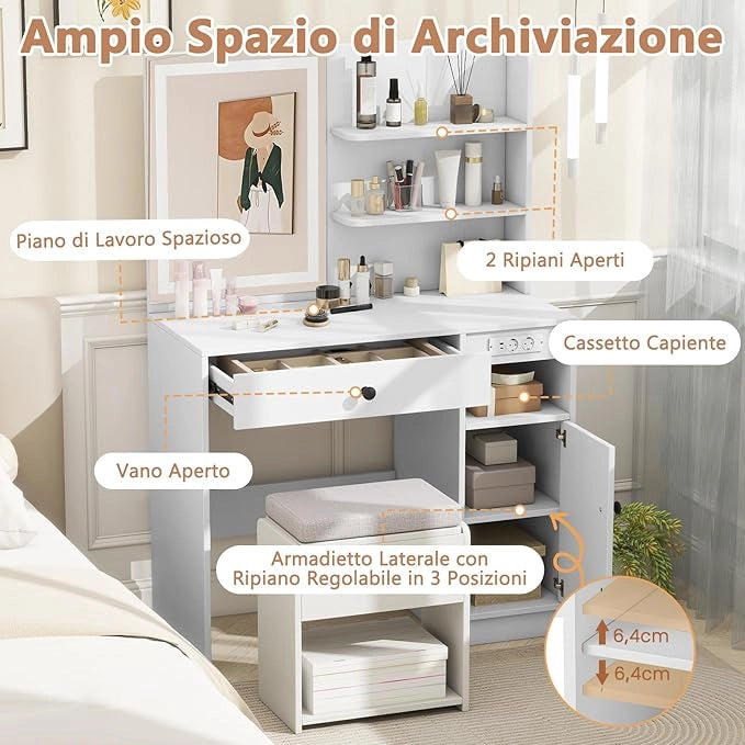 Set Tavolo da Toeletta con Luci, Set Tavolo e Sgabello con Stazione di Ricarica, Ripiano Regolabile, Luci a 3 Colori, Cassetto, Consolle Toeletta con Sgabello Portaoggetti, 90 x 40 x 135,5 cm