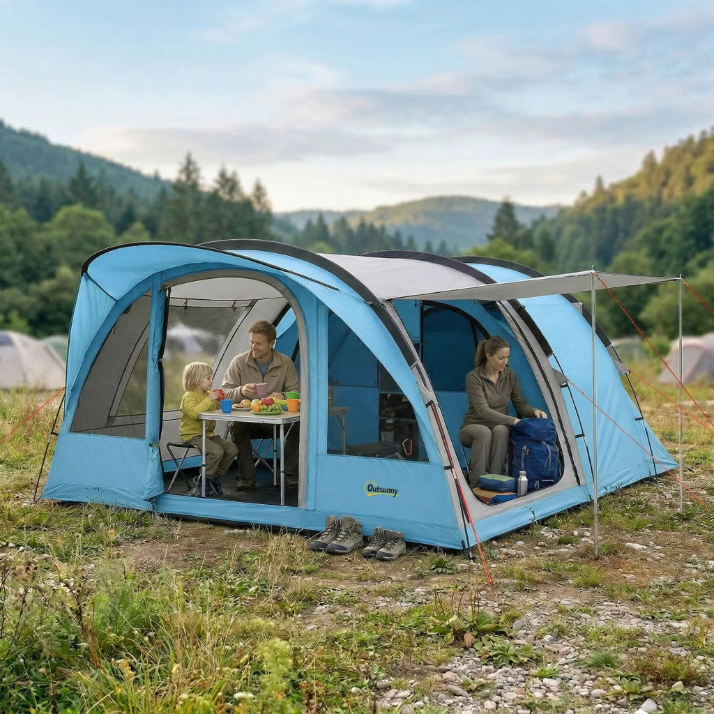 Tenda Tunnel 4 Persone con Cabina ¨C zephmum ¨C Grigio Verde Marrone 300x300x200 cm