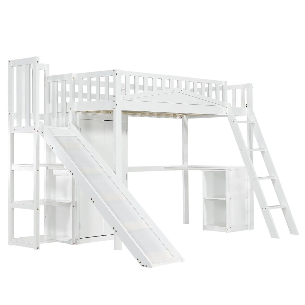 Letto a Castello Bambini con Scrivania e Armadio ¨C MINIMAL ¨C Pino/MDF/Multistrato, Bianco, 90x200