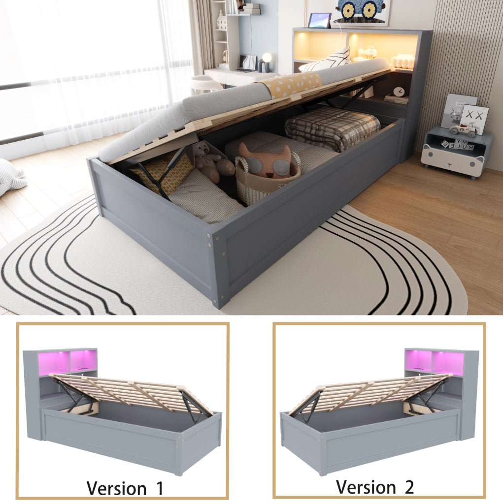 Letto singolo multifunzione 90x200 cm con LED e prese, grigio