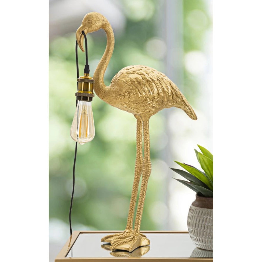 Lampada da tavolo Flamingo in resina dorata con lampadina Edison a vista