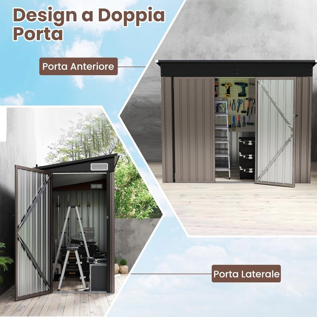 Capanno da Giardino 2,6㎡, Casetta Porta Attrezzi da Esterno in Metallo Zincato Resistente alle Intemperie con 2 Porte e Tetto Inclinato, Ripostiglio per Cortile (Grigio Caldo)