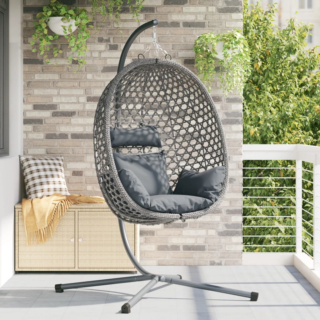 Sedia a Uovo Appesa con Struttura Grigia in Polyrattan