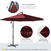 Ombrellone da Esterni 3x2.5 m Decentrato Rosso Scuro, in Poliestere Anti-UV e Acciaio con Manovella