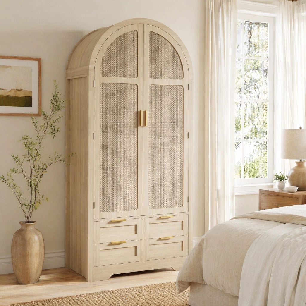 Armadio moderno con ante curve e inserti in rattan 80x50x179 cm; MDF colore quercia