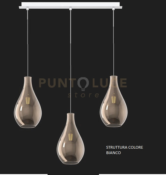 SOSPENSIONE BIANCO 3 LUCI RETTANGOLARE VETRI PICCOLI BRONZO 1193BI-S3 RP-BR