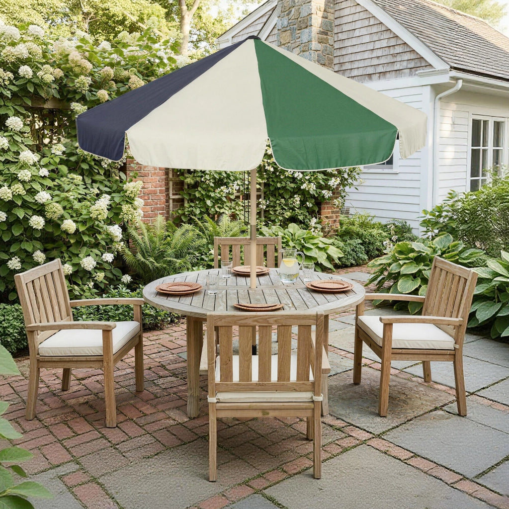 Ombrellone da Giardino Tettuccio a Blocchi di Colore con 8 Stecche UV 30+ con Telaio Effetto Legno Blu Verde e Crema