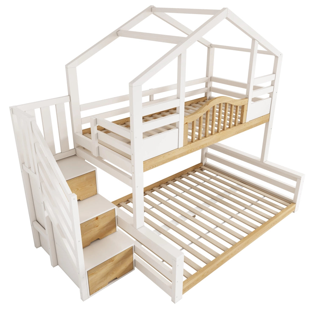 Letto a castello per bambini stile cabana con scala e ripiani LEMONMAX; 90x200 e 140x200 cm; bianco e naturale
