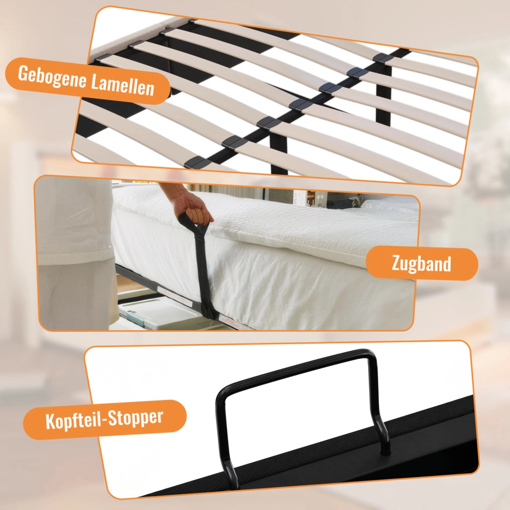 Letto imbottito 140x190 cm con contenitore e ricarica USB-C