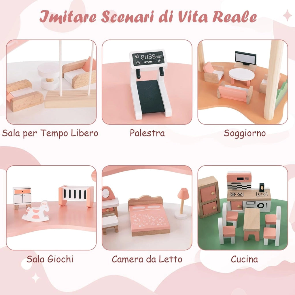 Casa delle Bambole in Legno, Casetta delle Bambole a 3 Piani con 7 Stanze e Mobili, Accessori Realistici, Regalo per Bambini 3+ Anni, 100 x 48 x 85,5 cm