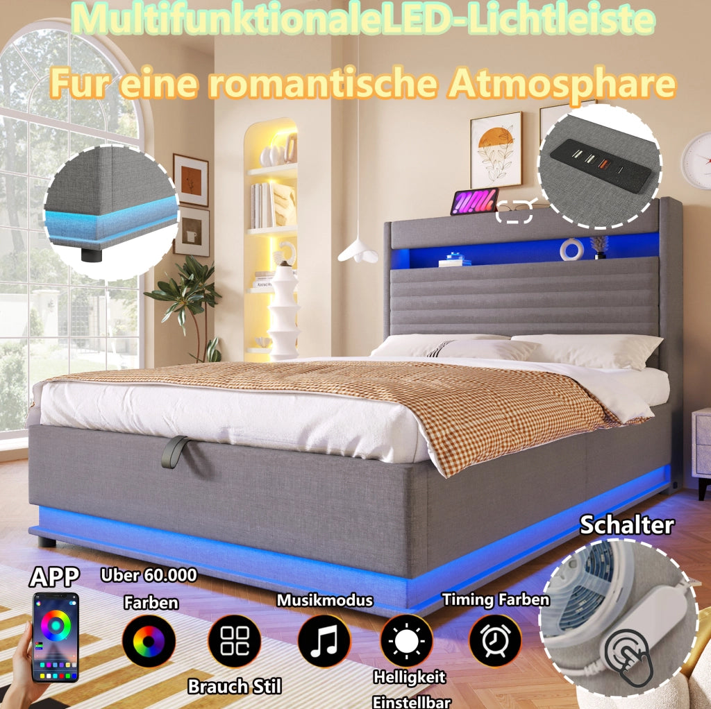 Letto imbottito singolo 90x200 cm con LED, USB-C e contenitore