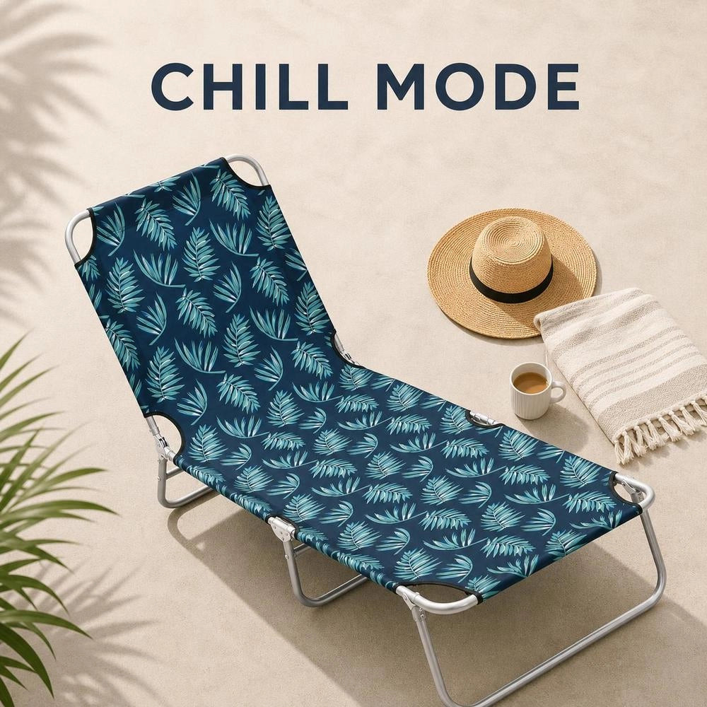 Folding Lounger, Steel And Fabric Leaf Pattern
