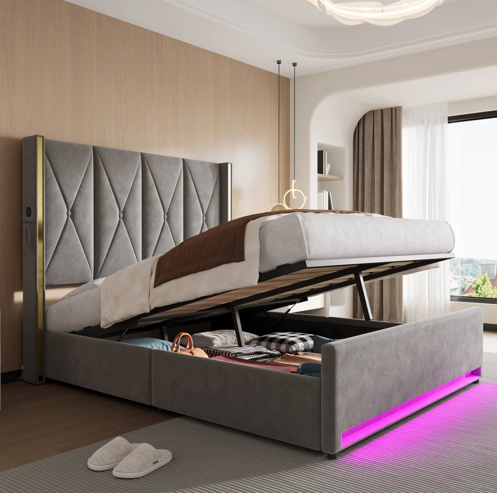 Letto contenitore 160x200 cm in velluto grigio scuro con LED e USB