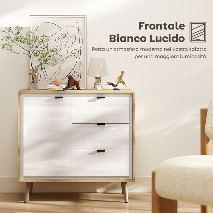 Credenza Moderna con 3 Cassetti e Armadietto Ante Lucide Bianco e Rovere