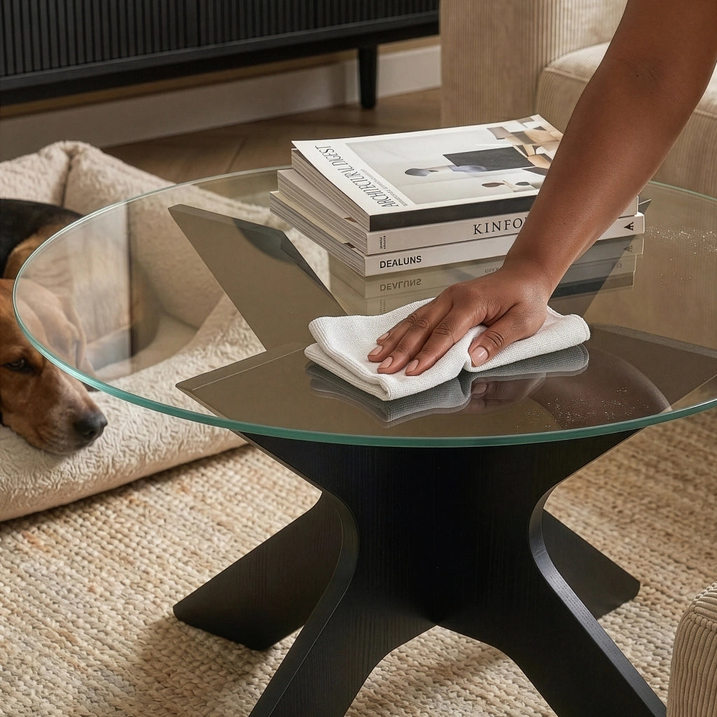 Tavolino da Caffè Imi con Piano Rotondo in Vetro Fumé Ø70 x 35 cm Grigio/Effetto Legno Nero [en.casa]