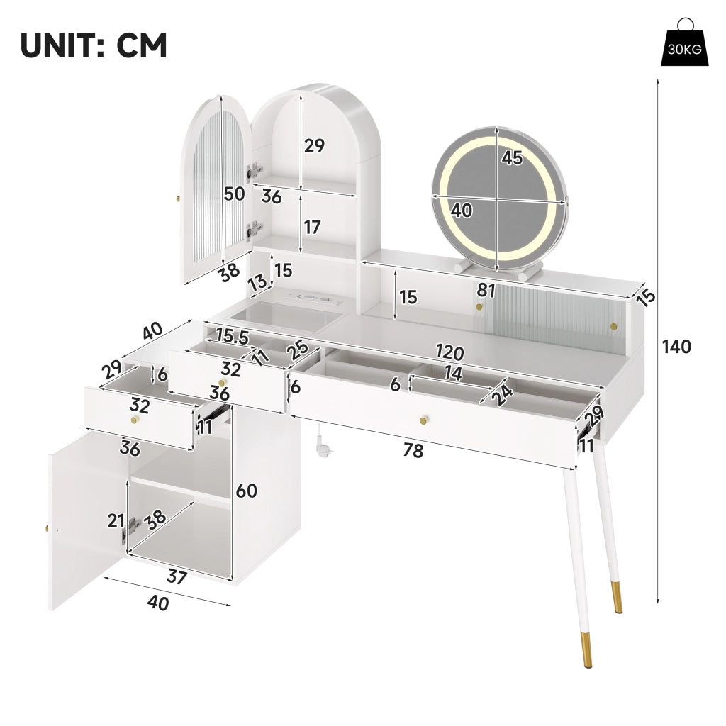 Toeletta con 3 cassetti; specchio LED; USB e Type-C - per camera da letto - bianco - 140x40x140 cm
