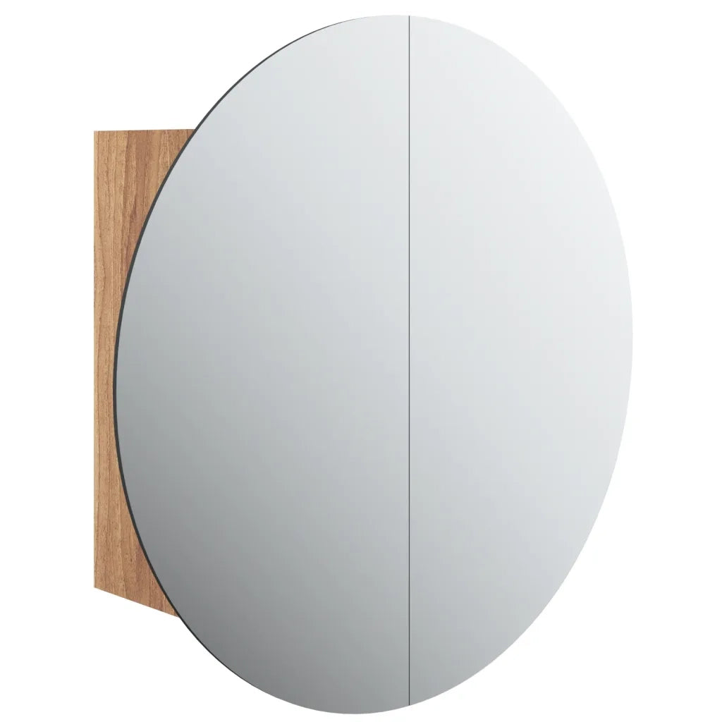 Armadio da Bagno con Specchio Rotondo e LED Rovere 47x47x17,5cm 345586