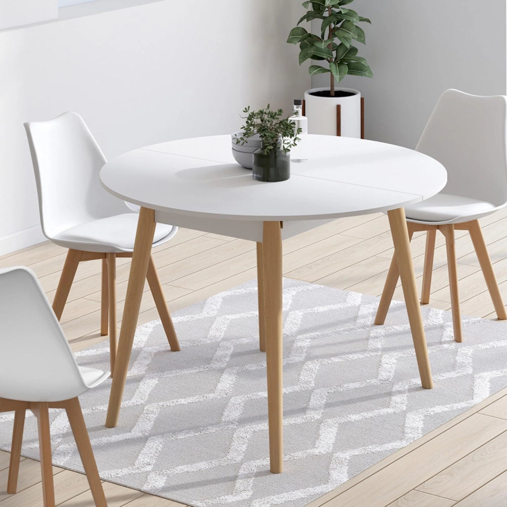 ANGELA tavolo da pranzo rotondo allungabile 4-8 persone gamba in legno bianco 110-150 cm