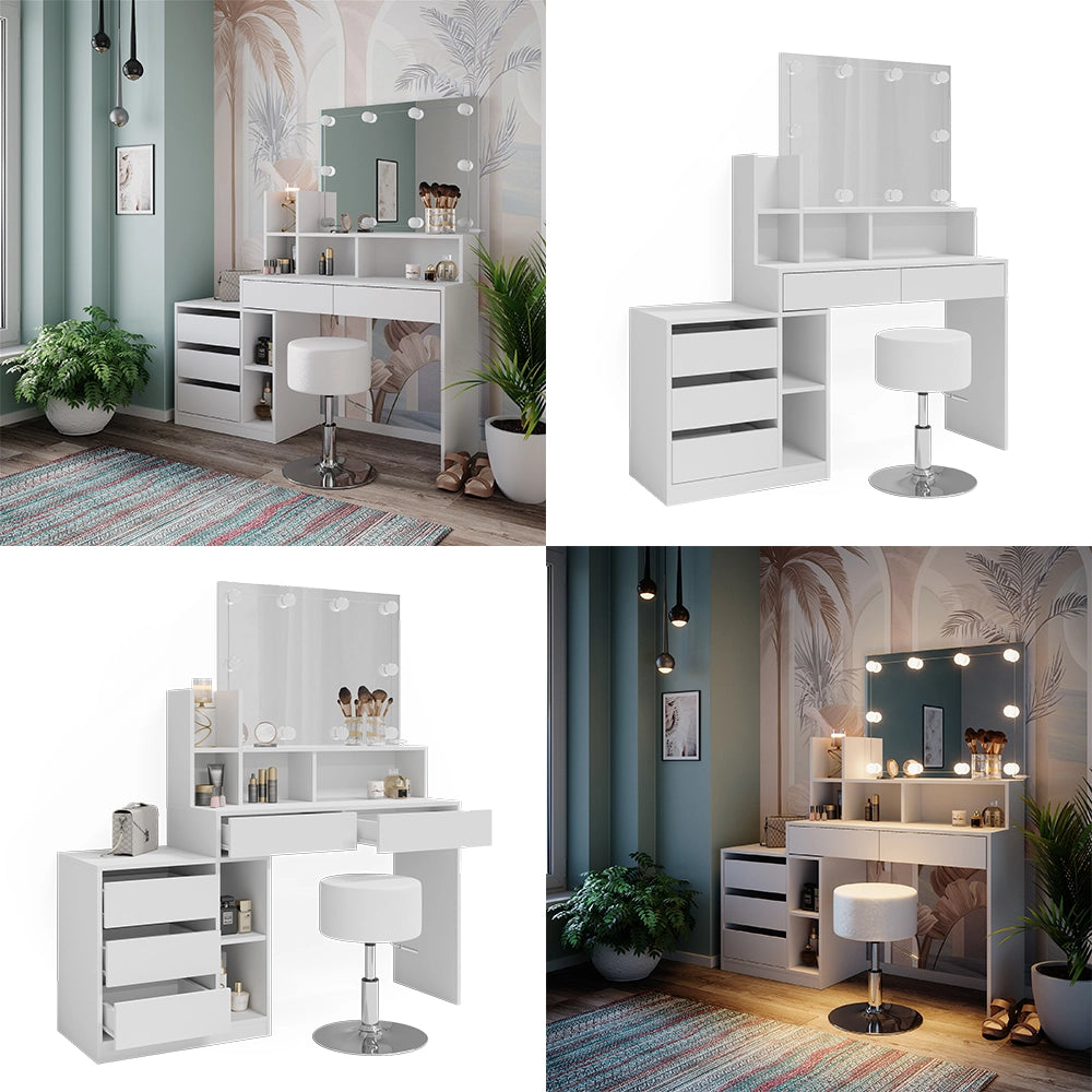 Vicco Tavolo da toeletta Bianco 139.8 cm con illuminazione a LED e sgabello