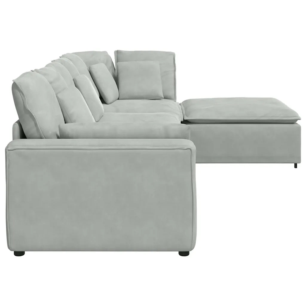 Divano Modulare con Poggiapiedi e Cuscini Velluto Grigio Chiaro