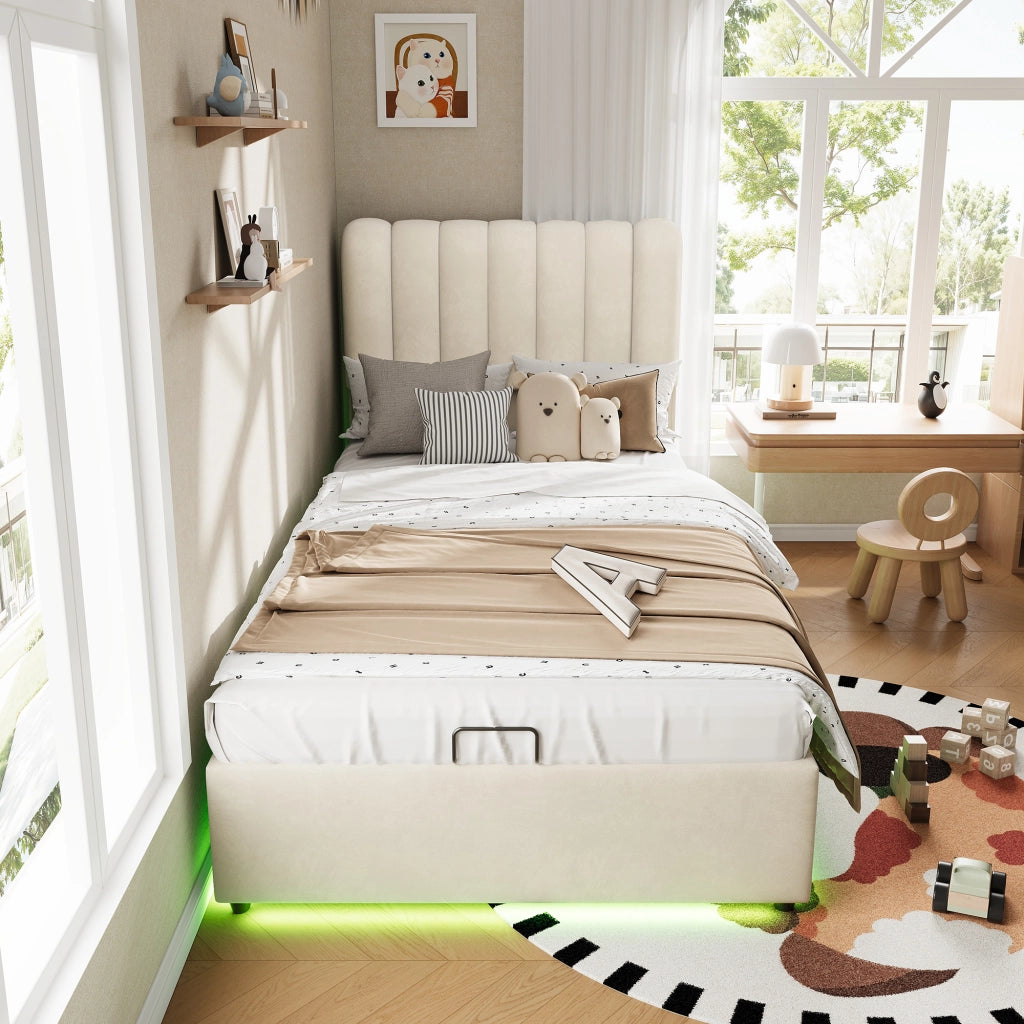 Letto per bambini contenitore 90 × 200 cm con 3 cassetti, LED, senza materasso, in velluto, beige