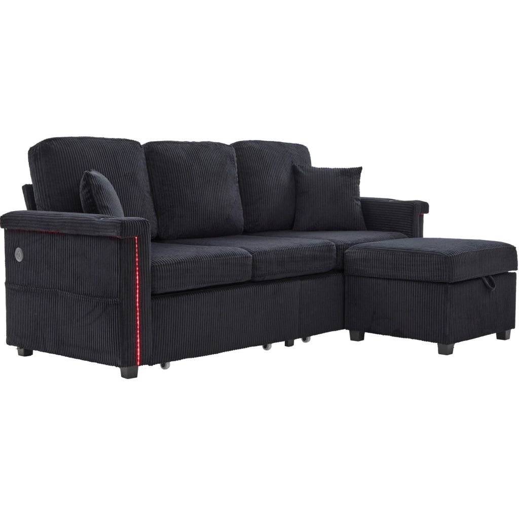 Divano 194x73x81 cm con LED; USB/TYPEC; tasche e cassetti; in velluto a coste nero