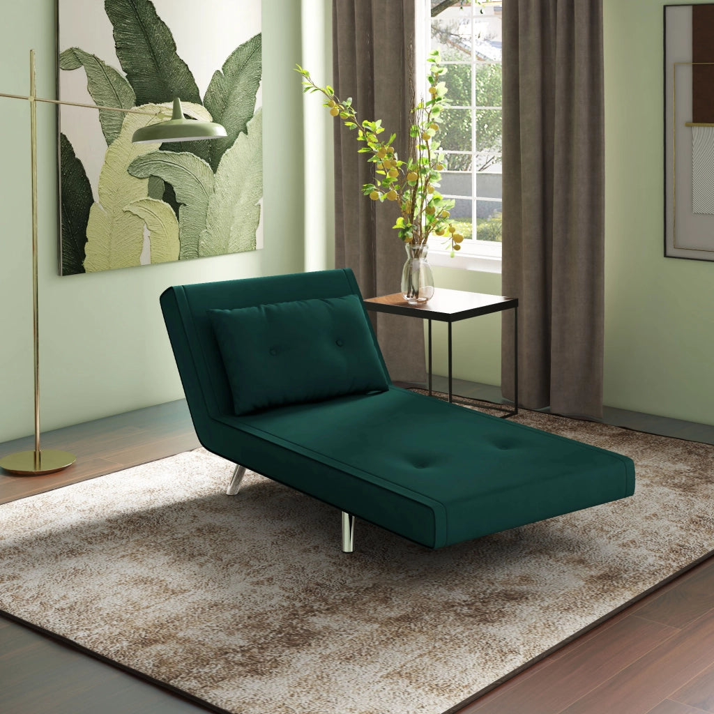 Fauteuil convertible 3 in 1 con schienale regolabile a 180° e cuscino, con gambe in acciaio, in poliestere verde scuro