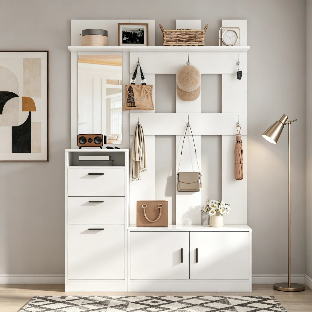 Garderoba ingresso con scarpiera ribaltabile, specchio, ganci e armadietto a doppia anta, bianco, 120 x 30 x 180 cm