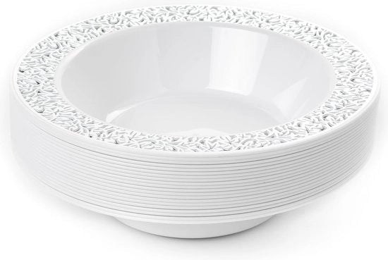Tazza Dessert Plastica Bianca con Bordo Argento, 360 ml - Tazze Dessert, Zuppe, Piatti di Zuppa per Matrimoni, Feste di Compleanno, Battesimi, Natale & Feste - Riciclabile & Stabile