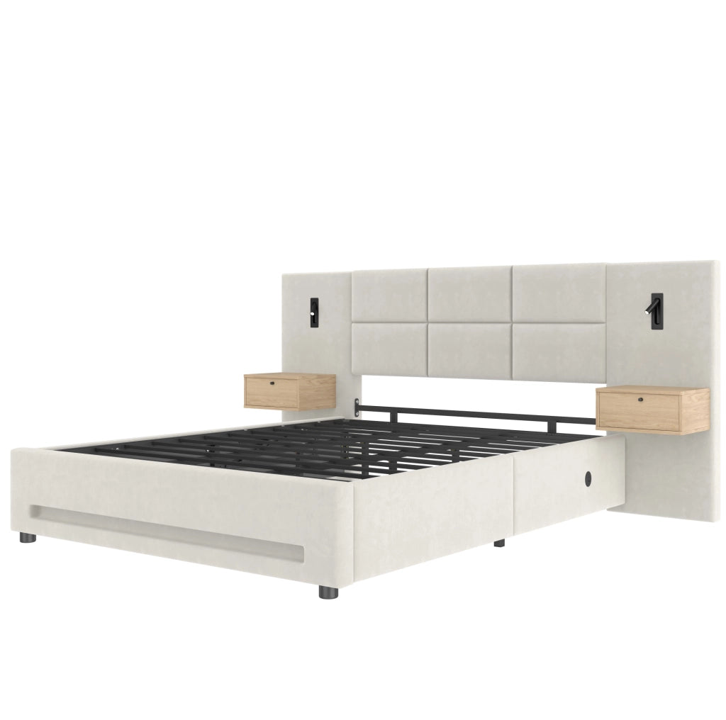 Letto imbottito 250x210x105 cm con testiera con contenitore; USB-C; LED; velluto beige