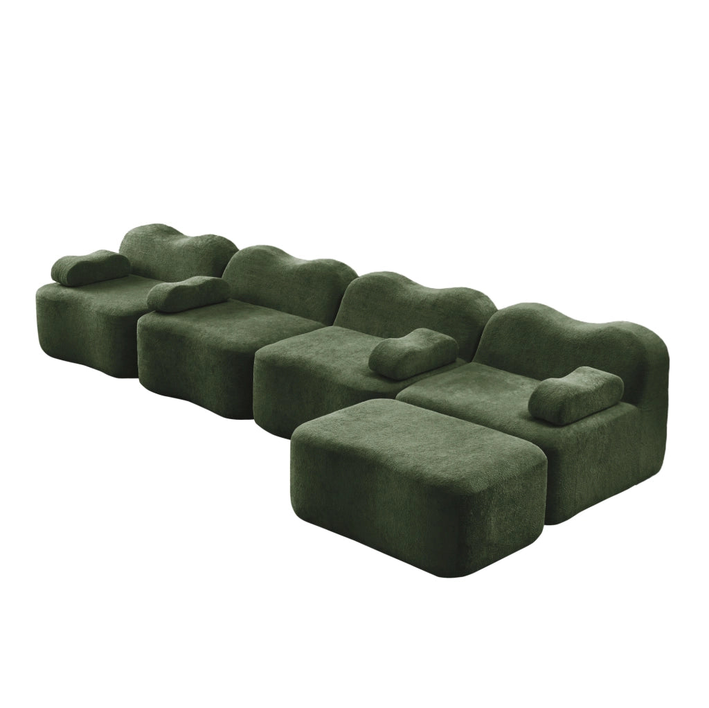 Divano angolare modulare senza struttura con pouf collegabile; velluto verde