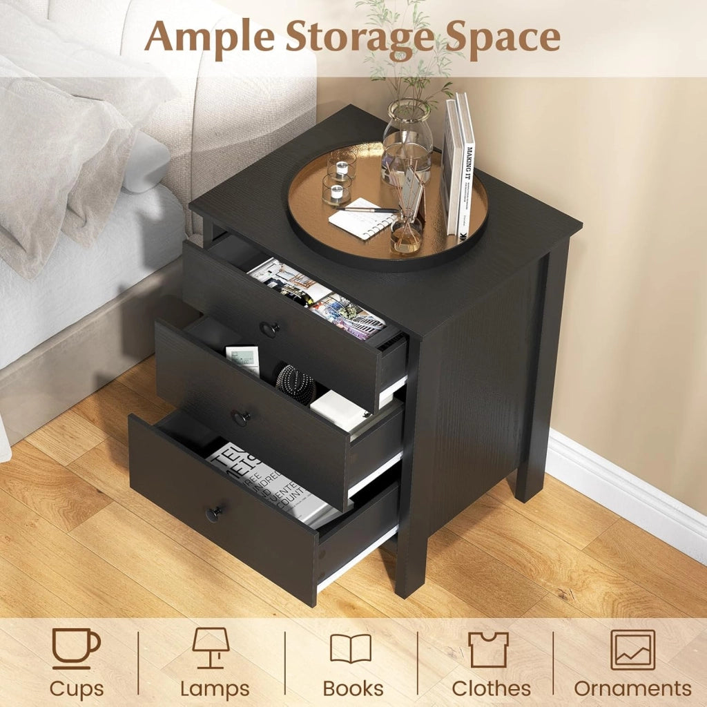 Comodino nero, credenza piccola con 3 cassetti, cassettiera indipendente, cassettiera moderna in legno, 56 x 45 x 66 cm