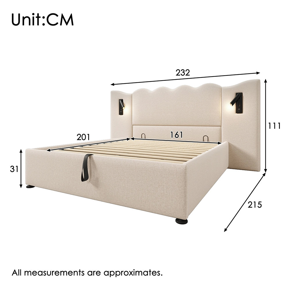 Letto matrimoniale con materasso - Xylo - 160x200 cm - Beige - Luce lettura USB-C